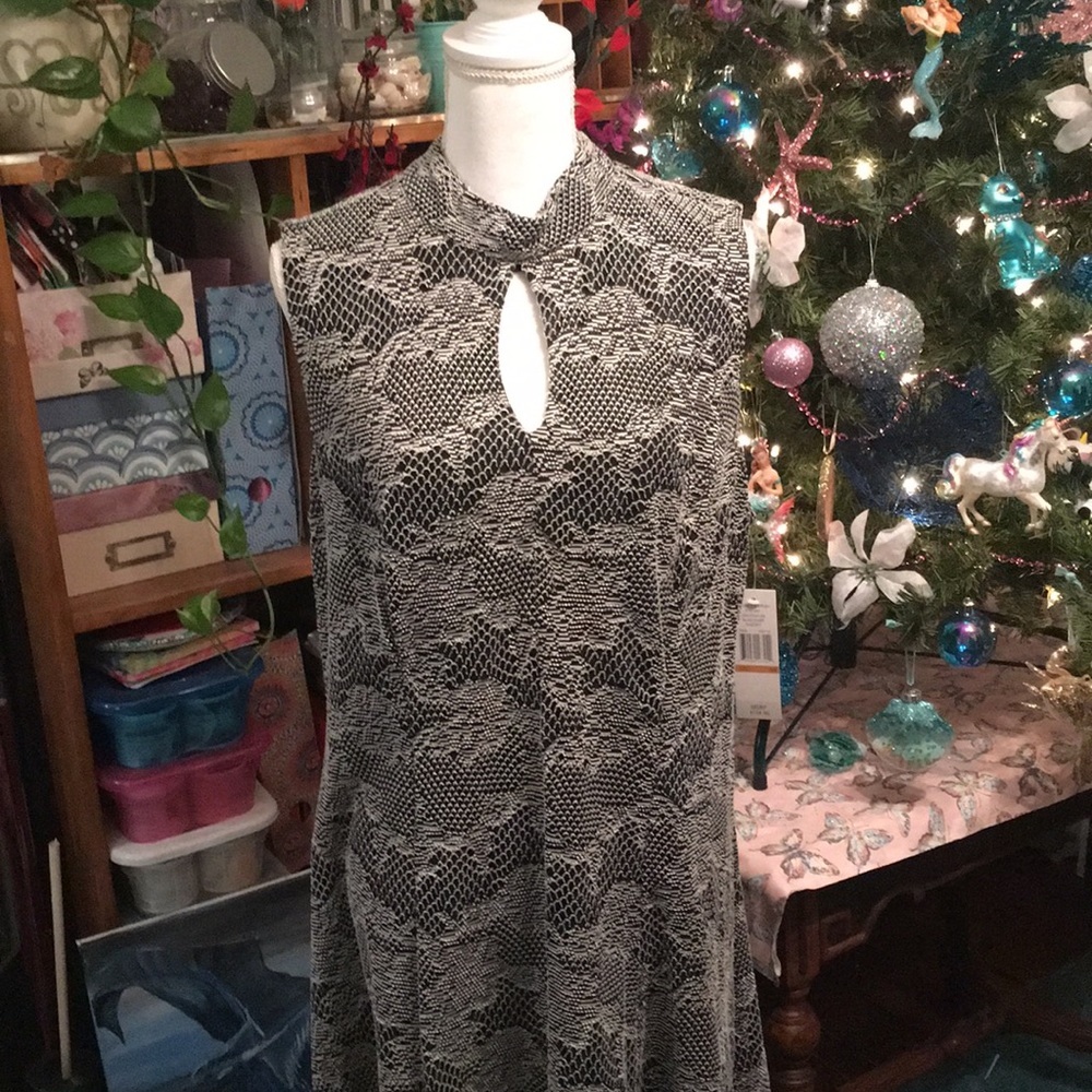 New Sharagano Black Ivory A-Line Dress New Plus Size 16W Mock Neck Keyhole Party - Picture 2 of 5